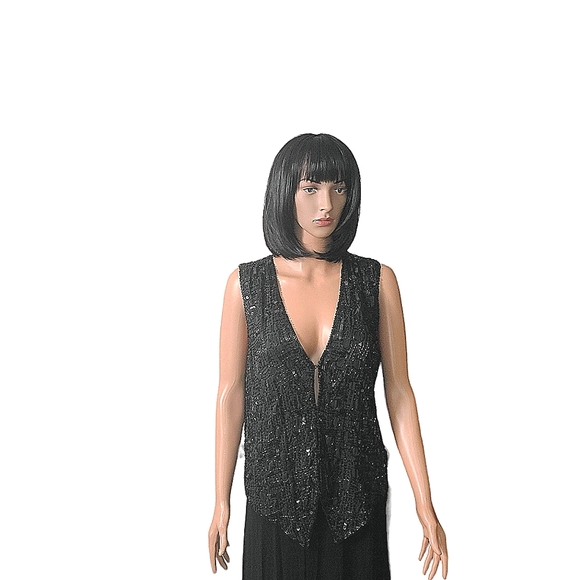 Sweet Sue Black Silk Vest with Black Bugle Beads & Sequins. Sz S - Picture 3 of 10